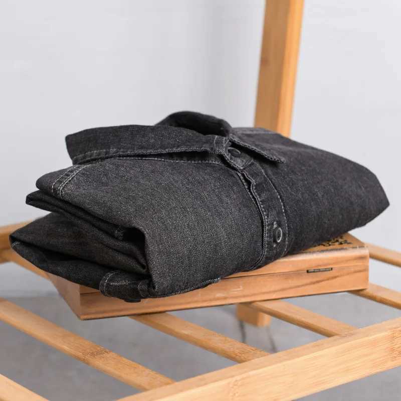Black washed denim shirt mens clothing cotton casual clothing retro messy jeans top long sleeved cargo loose oversized fashion W241223