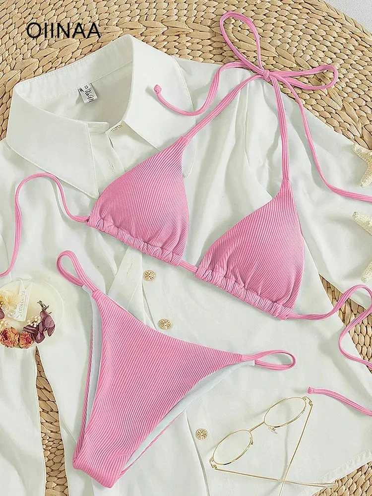 OIINAA Bathing Suit Women Sexy Solid Halter Swimsuit Special Stripe Fabric Bikini Set Drawstring Lace Up Two-piece Split BiquiniXJ241223