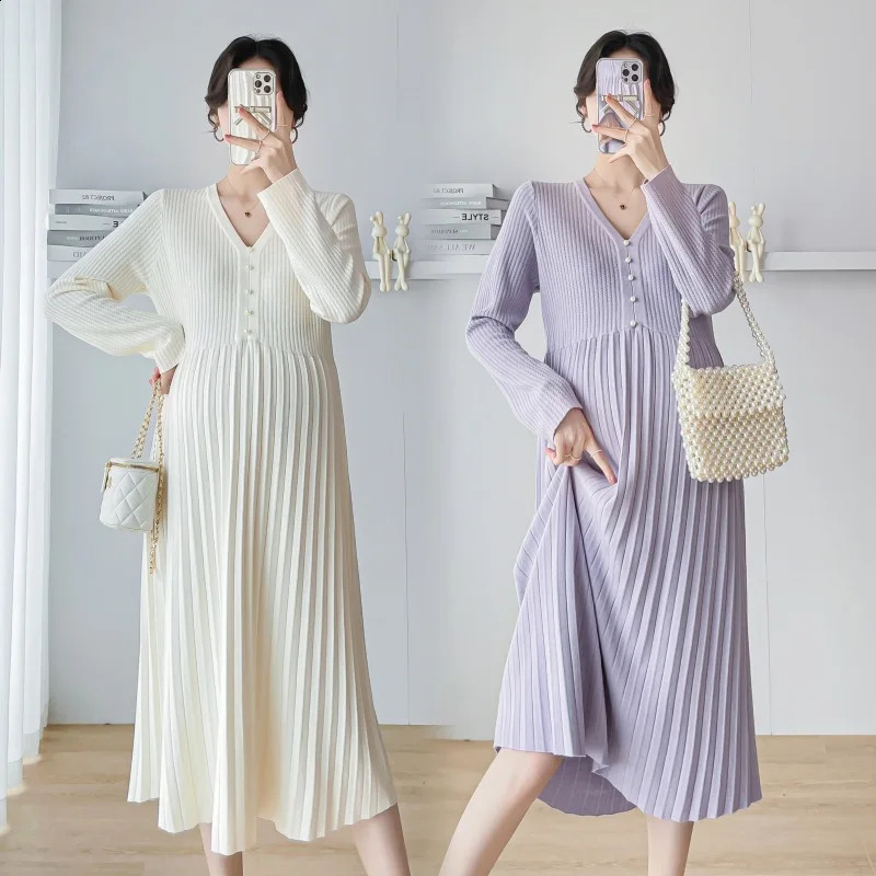 Pregnant Dresses Womens Spring Fashionable V-neck Woolen Maternity Clothes Elegant Chic Solid Color Korean Style 241223