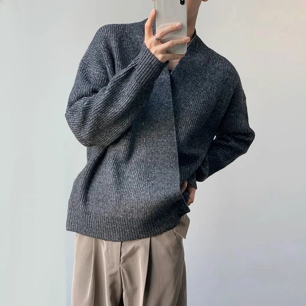 American High Street Fashion Solid Color Sweater Jacket Autumn And Winter Irregular Oblique Button V-Neck Cardigan Sweater Men 241223