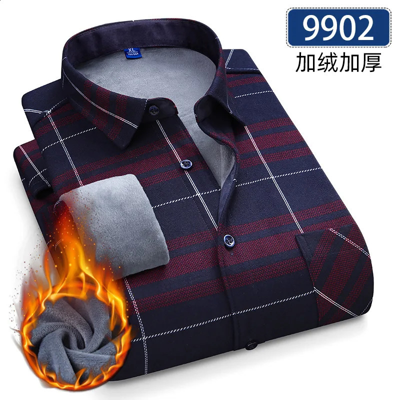 7XL 8XL plus fleece thickened mens shirt Long sleeve Autumn winter plaid non-ironing slim fit casual fashion plus size 241223