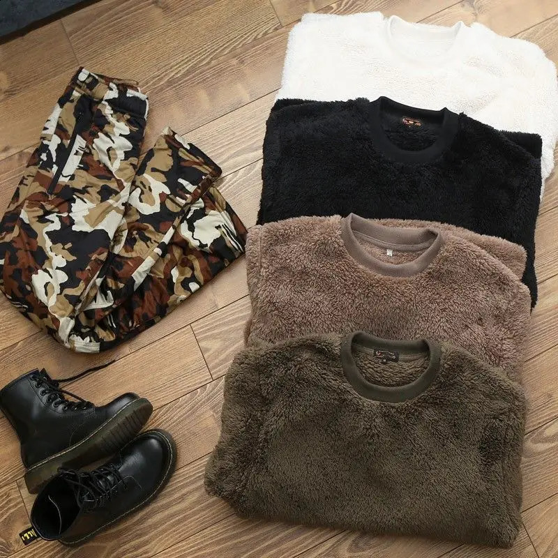 mens round neck pull up sweatshirt plain soft plush top double-sided coral velvet home textile outdoor sweatshirt 241223