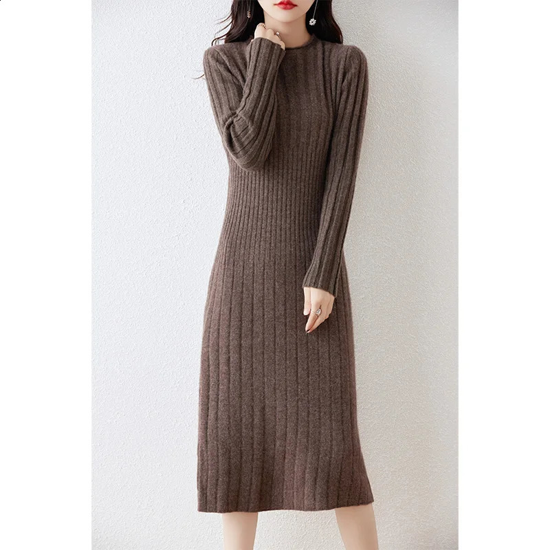 100% Merino Wool Long Sweater Dress Autumn And Winter Womens Striped Round Neck Pleated Skirt Pullover 241218