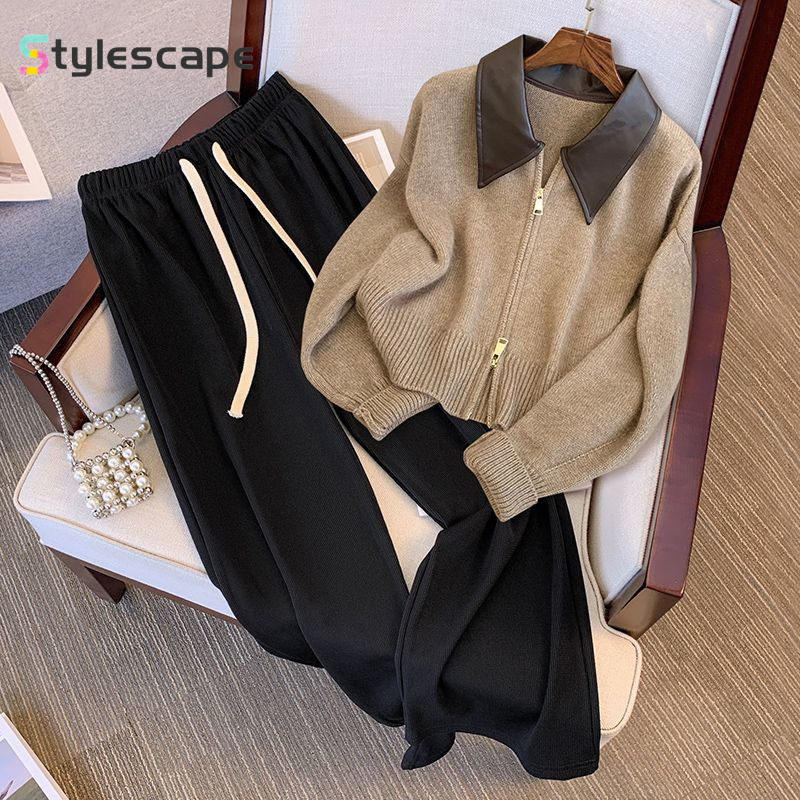 Autumn Outfit Of new New Knitted Cardigan Sweater, Women's Slimming Versatile Casual Pants Two-Piece Seew In Matching Set