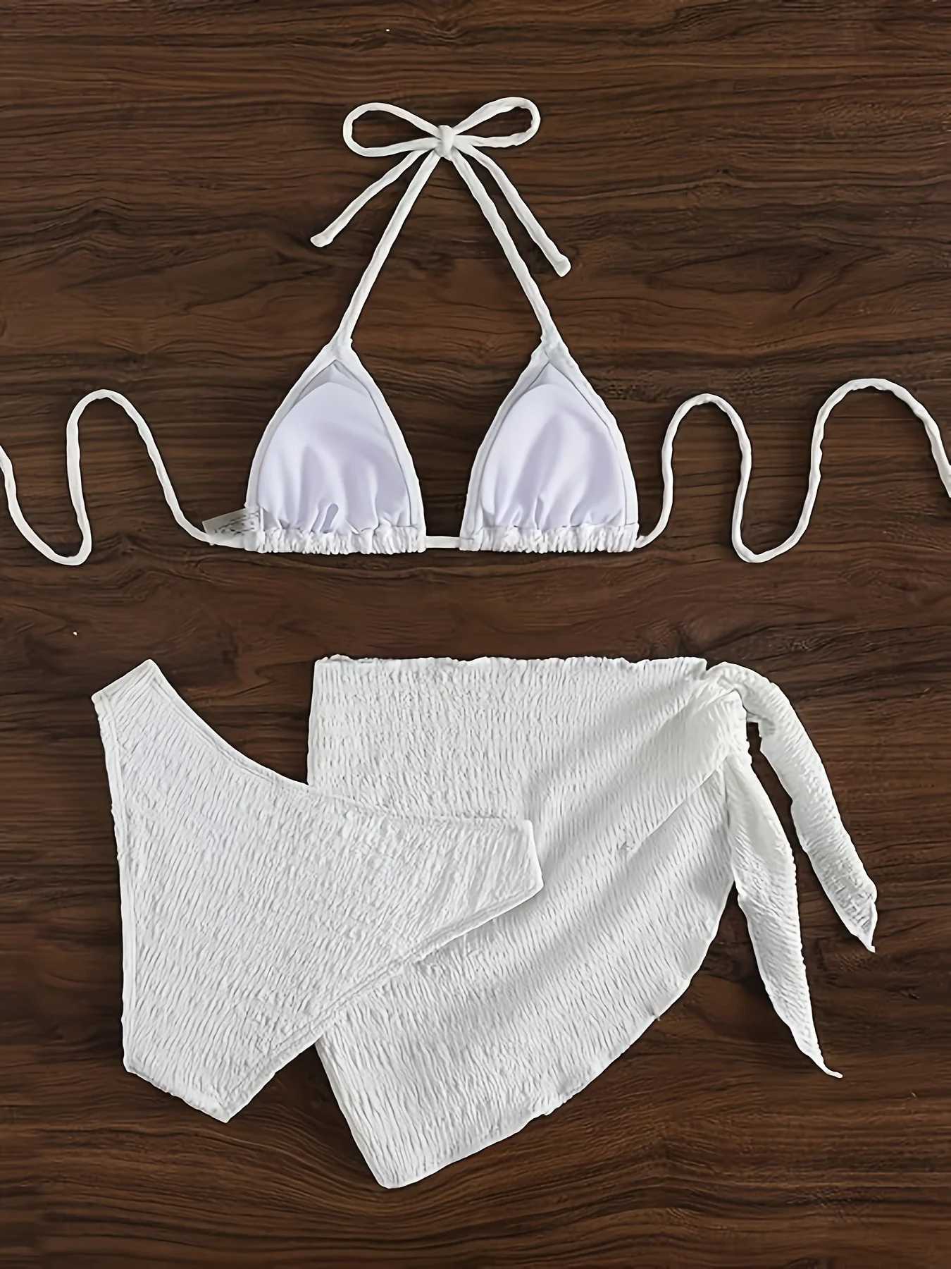 European and American Sexy Split Solid Color Bikini Womens Swimsuit Three-Piece SetXJ241223