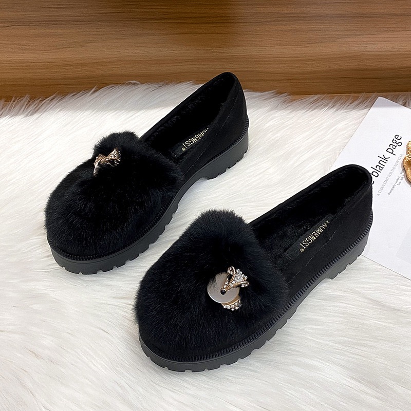 cozy rabbit fur flats 84ee8 rhie buckle plush moccasins crystal furry New loafers women winter cotton shoes ry
