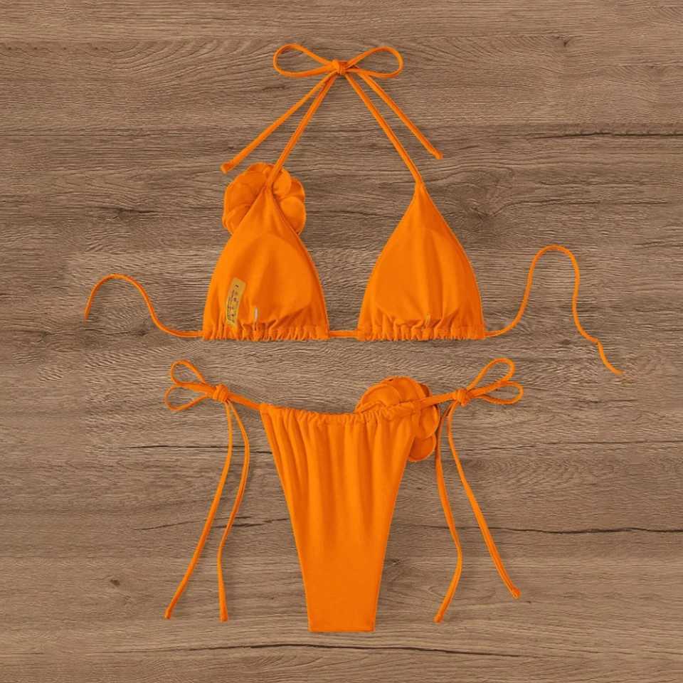 Sexy Bikini Swimsuit Suit 3D Flowers Halter Strappy Bikini Women Swimwear Female Swimsuit 2pcs Bikini Set Bather Bathing SuitXJ241223