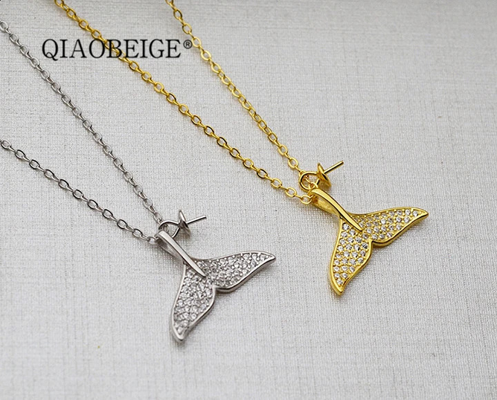 QIAOBEIGE Diy handmade s925 pure silver 8-14mm pearl empty support merman princess fish tail necklace chain accessories 241220