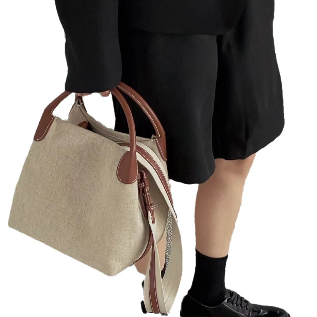New Brand Cowhide Canvas Large Capacity Bucket Leather Basket Bag Crossbody Purses And Handbags