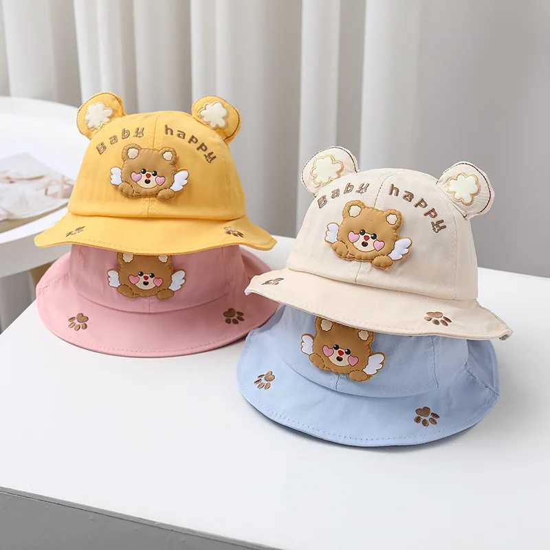 Caps Hats Cute Bear Ear Baby Bucket Hat Cartoon Solid Color Boys and Girls Fishermans Hat Spring and Summer Soft Cotton Childrens Panama Sun Hat H2412