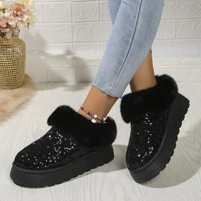 Faux Fur Winter Women 2025 Fashion Sequined Cloth Warm Snow Boots Woman Non-slip Thicken Plush Ankle Booties Plus Size 44
