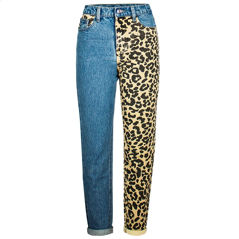 Straight Jeans Women Slouchy Leopard Print Denim Pants Color Block Trendy Aesthetic Trousers Boyfriend Oversize 3XL 4XL Palazzo 241220