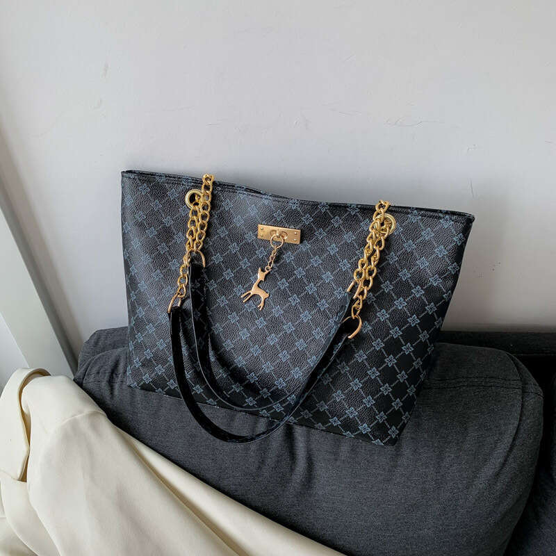 Large Capacity New Women's Fashionable Commuting Retro Chain Carrying Shoulder Bag, Printed Tote Bag