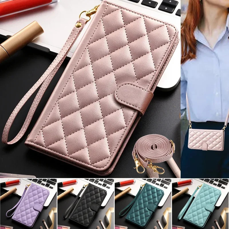 Long Lanyard Leather Wallet Card Phone Case For Iphone 16 15 14 Pro Max 13 12 11 X XS XR SE 2022 8 7 Plus Holder Cover Coque