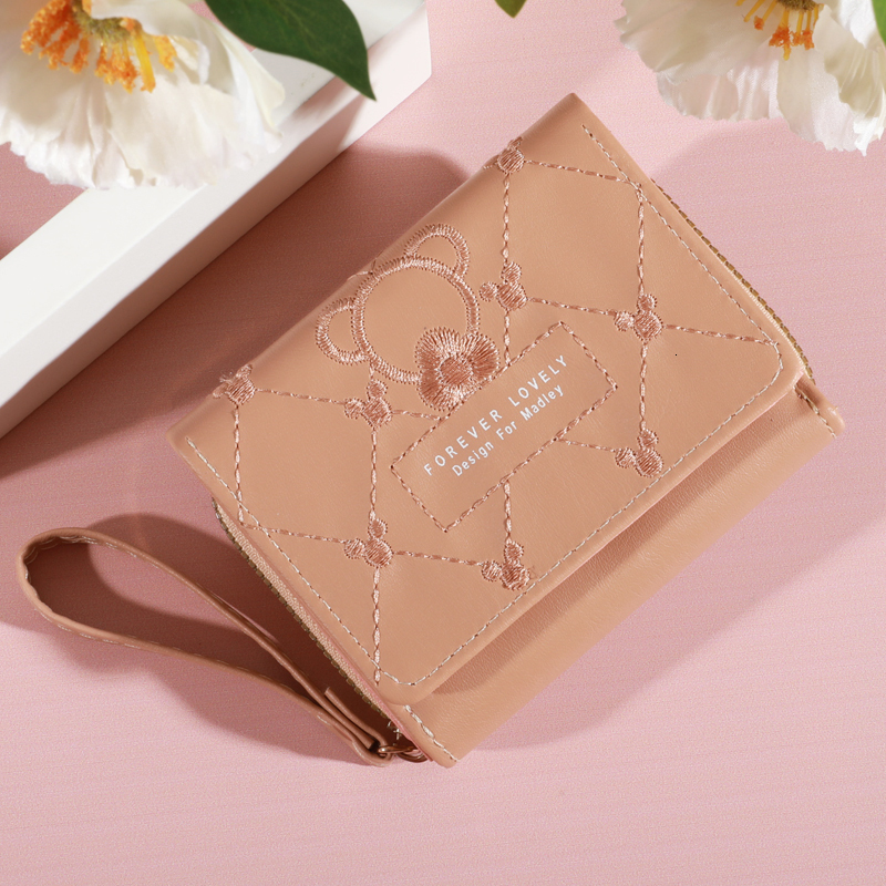New Tri Fold Ladies Wallet With Wristlet- Snap Closure, Multiple Zip Pockets, Casual Style Credit Card Holder For Women