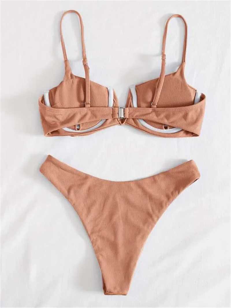 Sexy Underwired BikiniS 2024 Mujer Women Solid V-bra Push Up Two pieces Bikini Set High Cut Bathing Suit Padded Thong SwimsuitXJ241223