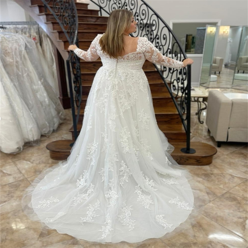 Plus Size Lace Wedding Dress V Neck Long Sleeve Country Bridal Dress Large Rustic Civil Boho A Line Bride Dress Tulle Romantic Vestio De Novias 2025 R