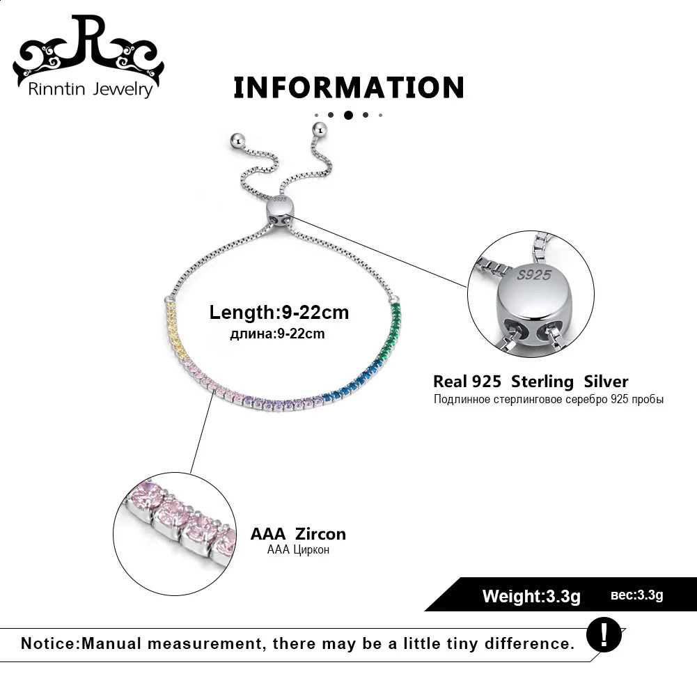 Rinntin Shiny Colorful Adjustable Tennis Bracelets for Women Girls Clear Cubic Zircon Chain Bracelet Fashion Hand Jewelry SB42 241214