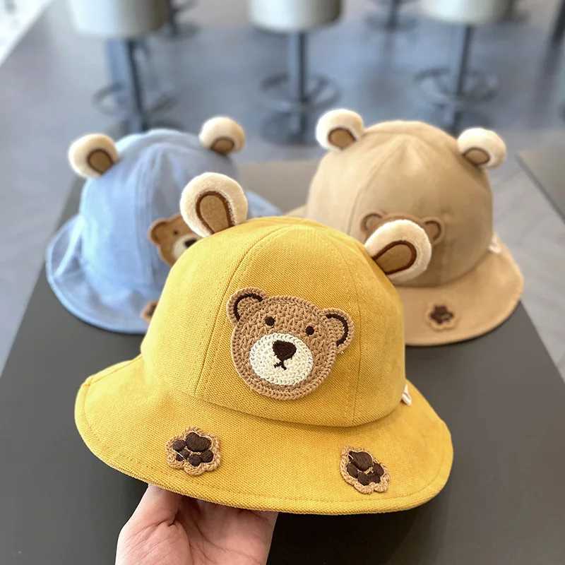 Caps Hats Cute Bear Childrens Bucket Hat New Spring Boys and Girls Sun Hat Cartoon Outdoor Summer Childrens Hat Hip Hop Baby Hat Korean Style 1-3Y H24
