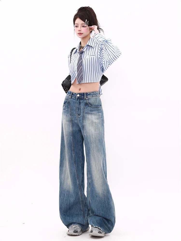 WCFCX STUDIO American Retro Washed Jeans Autumn Winter Loose Straight Trousers Fashion Casual Versatile Wide Leg Pants 241218