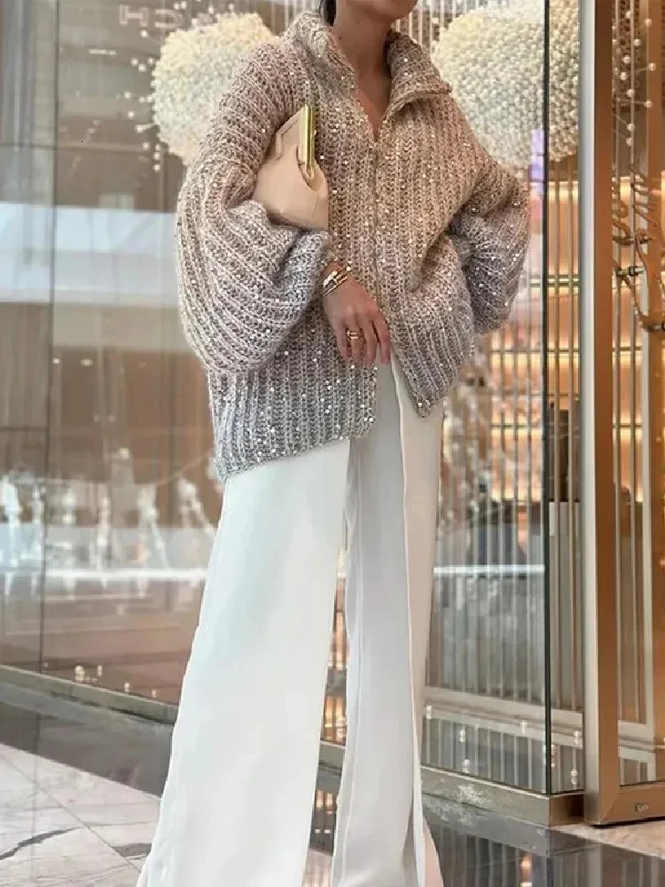 Women Fashion Gradual Sequin Knit Cardigan Elegant Loose Lantern Sleeves Zipper Sweater 2024 Autumn Winter Female Knitwear Tops 241220