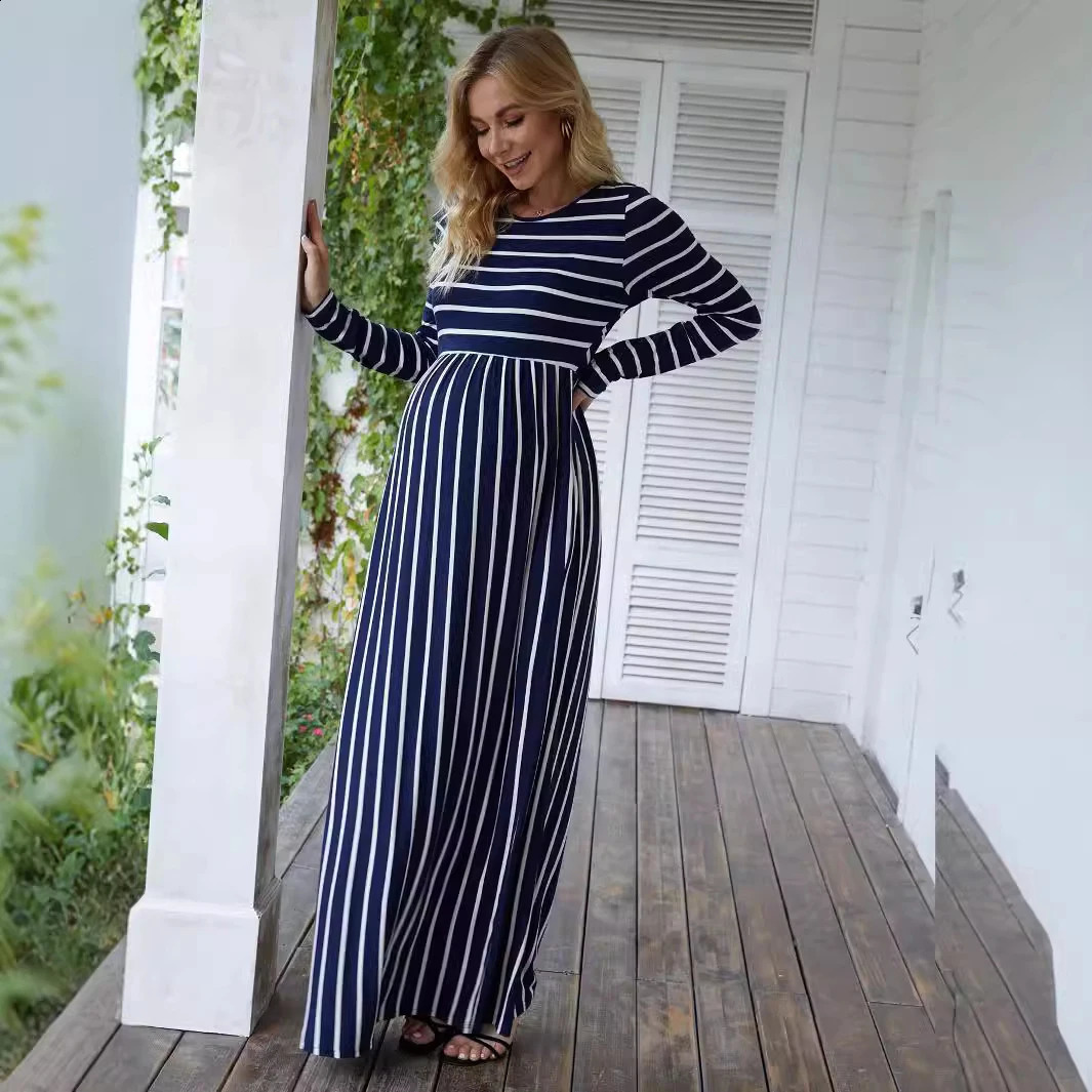 Clothes for Pregnant Women Maternity Dress Spring Autumn Striped Round Neck Long Sleeve Elegance Long Skirt Mom Casual Clothing 241223