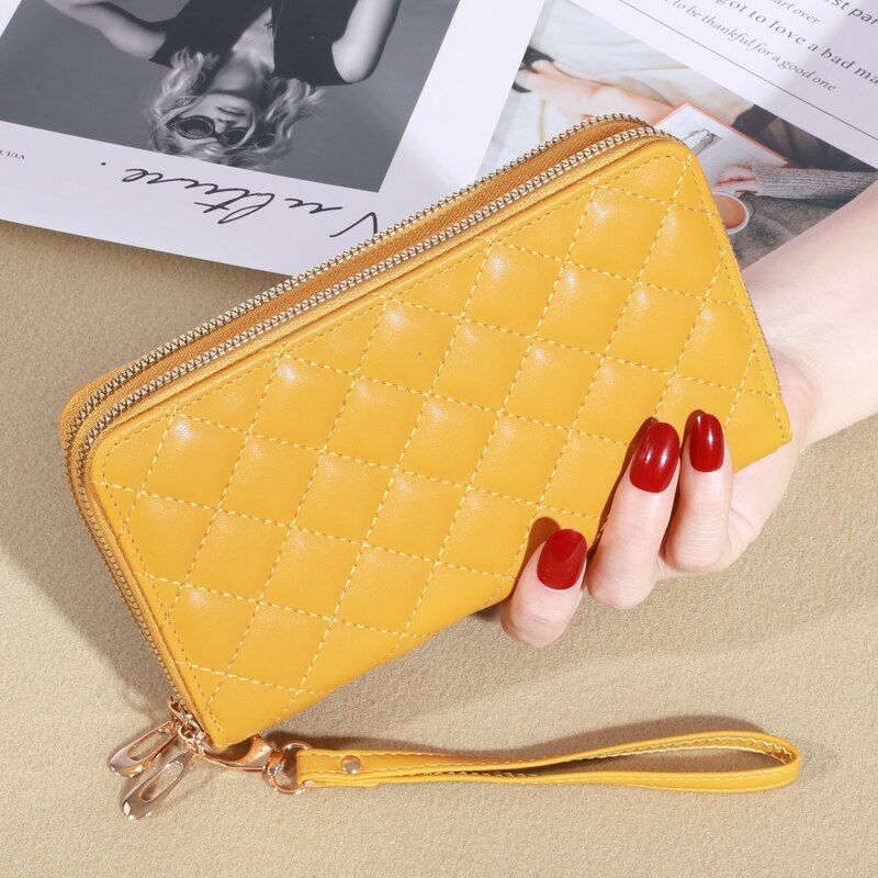 New Wallet Women's European And American Toucreen Card Double Layer Zipper Handle Plaid Embroidered Mobile Phone Bag