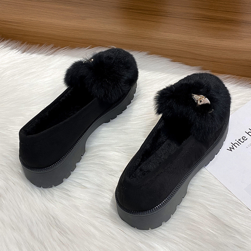 cozy rabbit fur flats 84ee8 rhie buckle plush moccasins crystal furry New loafers women winter cotton shoes ry