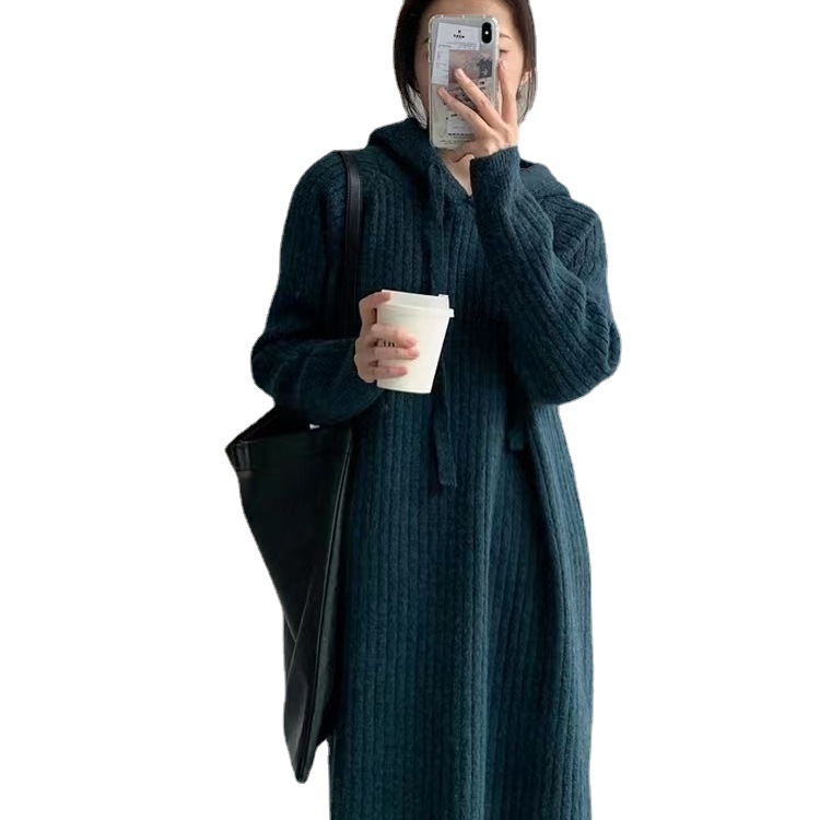 L965775 Mid-length hooded knitted dress for women autumn and winter new loose slim lazy pullover bottoming sweater dress