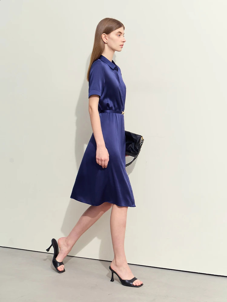 Amii Minimalism Summer Lapel Dress For Women Shortsleeve Mulberry Silk With Belt Office Lady Shirt Dresses 12452107 241218