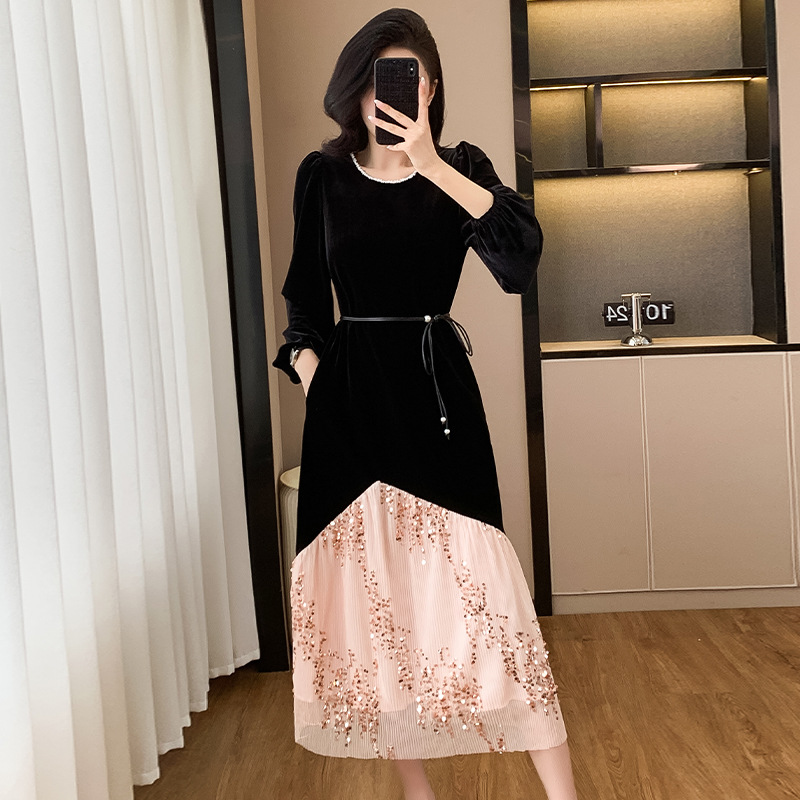 G1127 Autumn and winter base velvet dress Starry Galaxy shiny splicing velvet large size dress for women