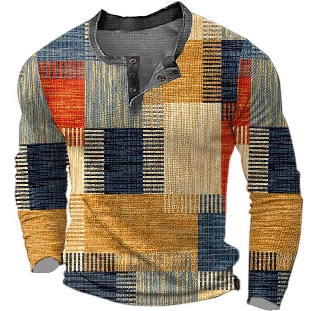 New Arrival Mens cotton T-shirt color block pattern T-shirt Henry shirt oversized clothing outdoor casual long sleeved button up clothing Z241223