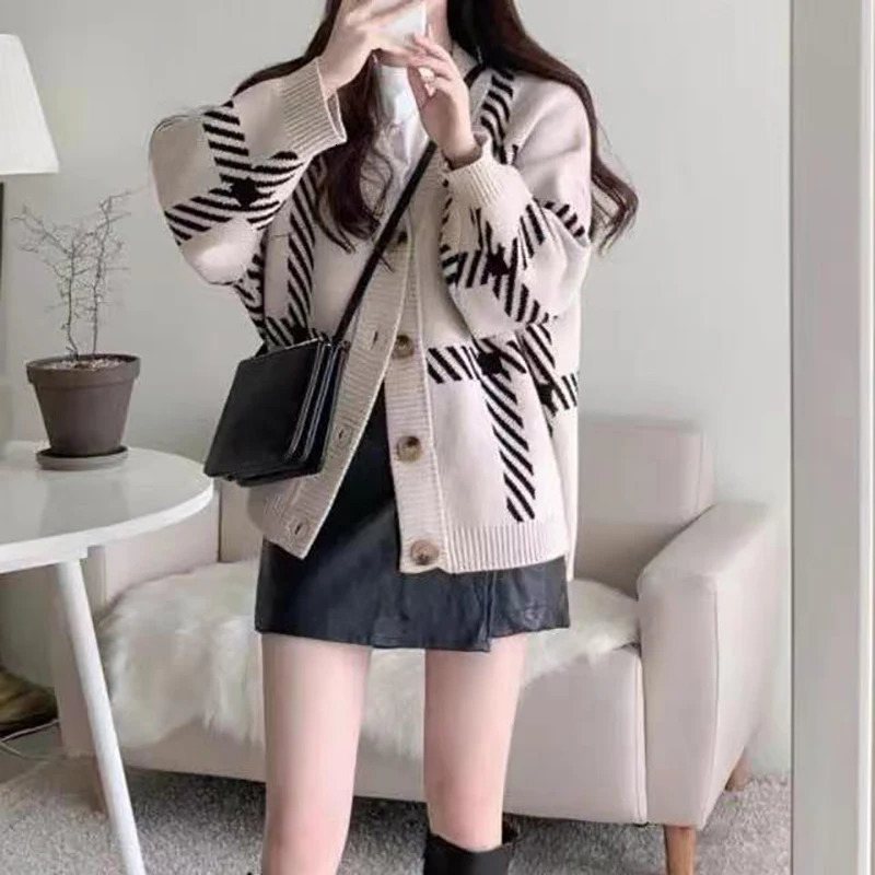 HELIAR Women Autumn Stripes Knitted Cardigan Sweater Loose Warm Buttons Up Coat Casual Office 2024 Winter 241220