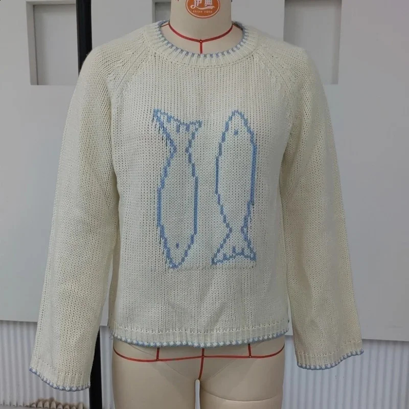 Y2K Aesthetic Fish Contrast Color Warm Sweater for Fall Winter Knitwear Knitted Sweater Vintage Long Sleeve Crew Neck Pullover 241223