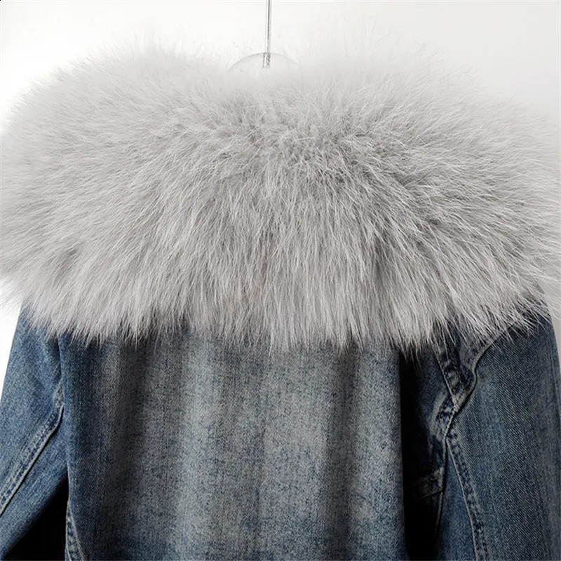 Vintage Blue Natural Fox Fur Collar Rabbit Hair Liner Denim Jacket Women Cow Outerwear Winter Loose Short Jeans Jacket Female 241220
