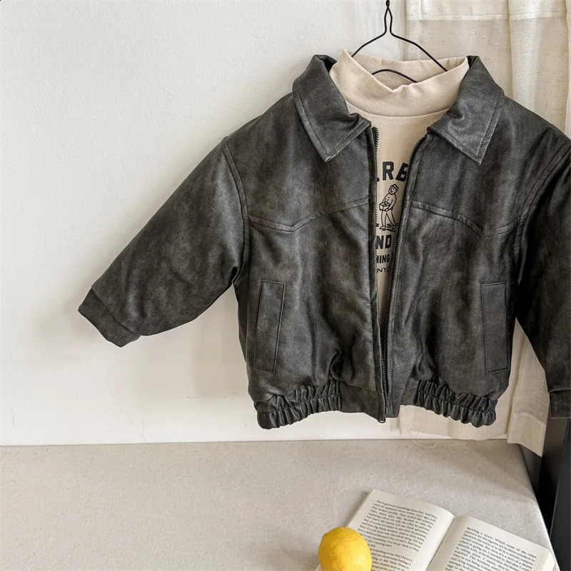 Winter Children Plus Velvet Thick Windproof Coat Fashion Boys Pu Leather Jackets Girls Warm Padded Jacket Kids Clothes 241223