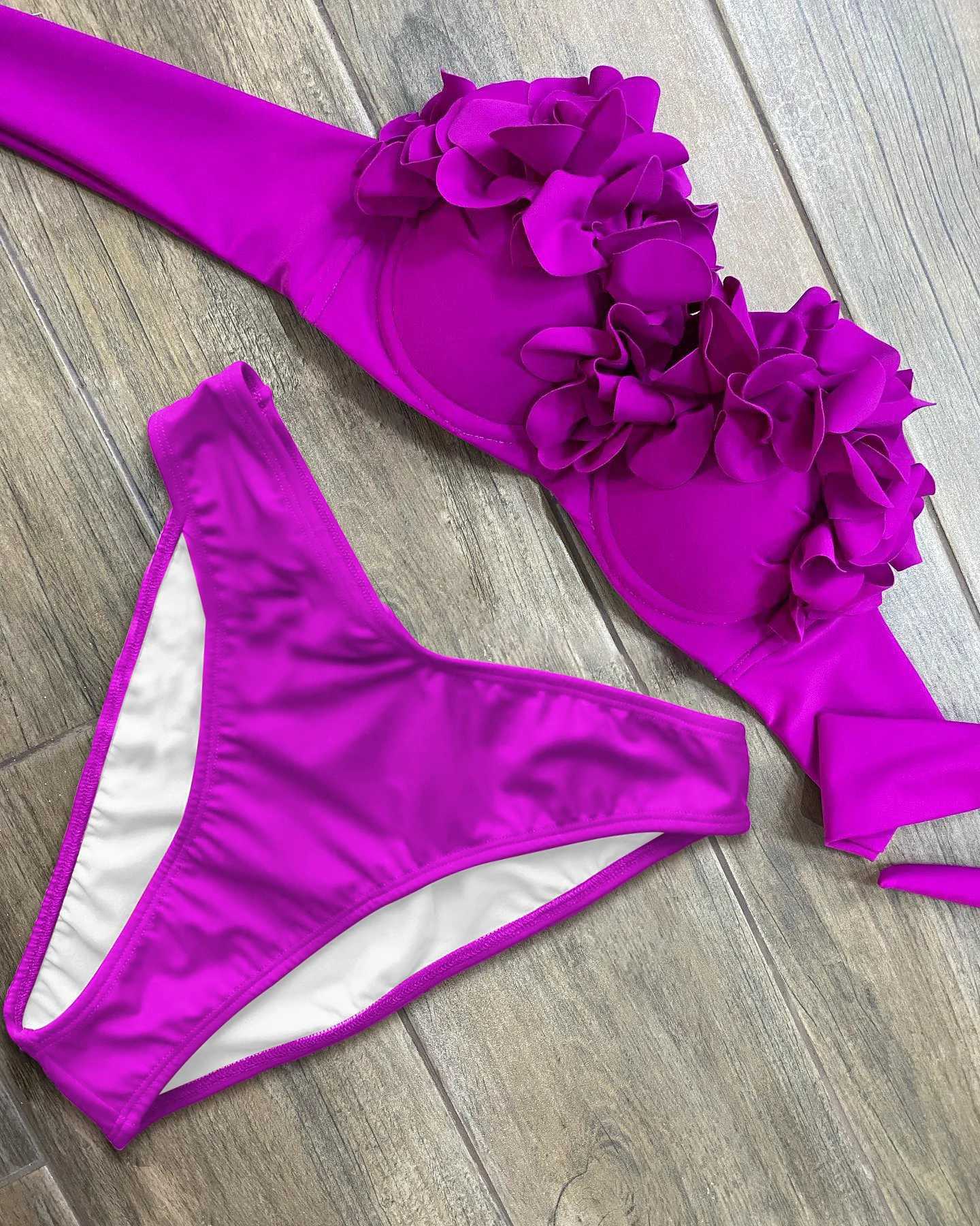 2024 Summer New Sexy Petal Push Up Backless Bikini Set Women Fashion Flower Ruffles Bikini Lady Solid Beachwear Bathing SuitXJ241223