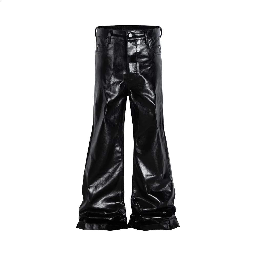 Black-coated Glossy Patent Leather Micro-lapped Jeans Japanese Streetwear Pants 241223