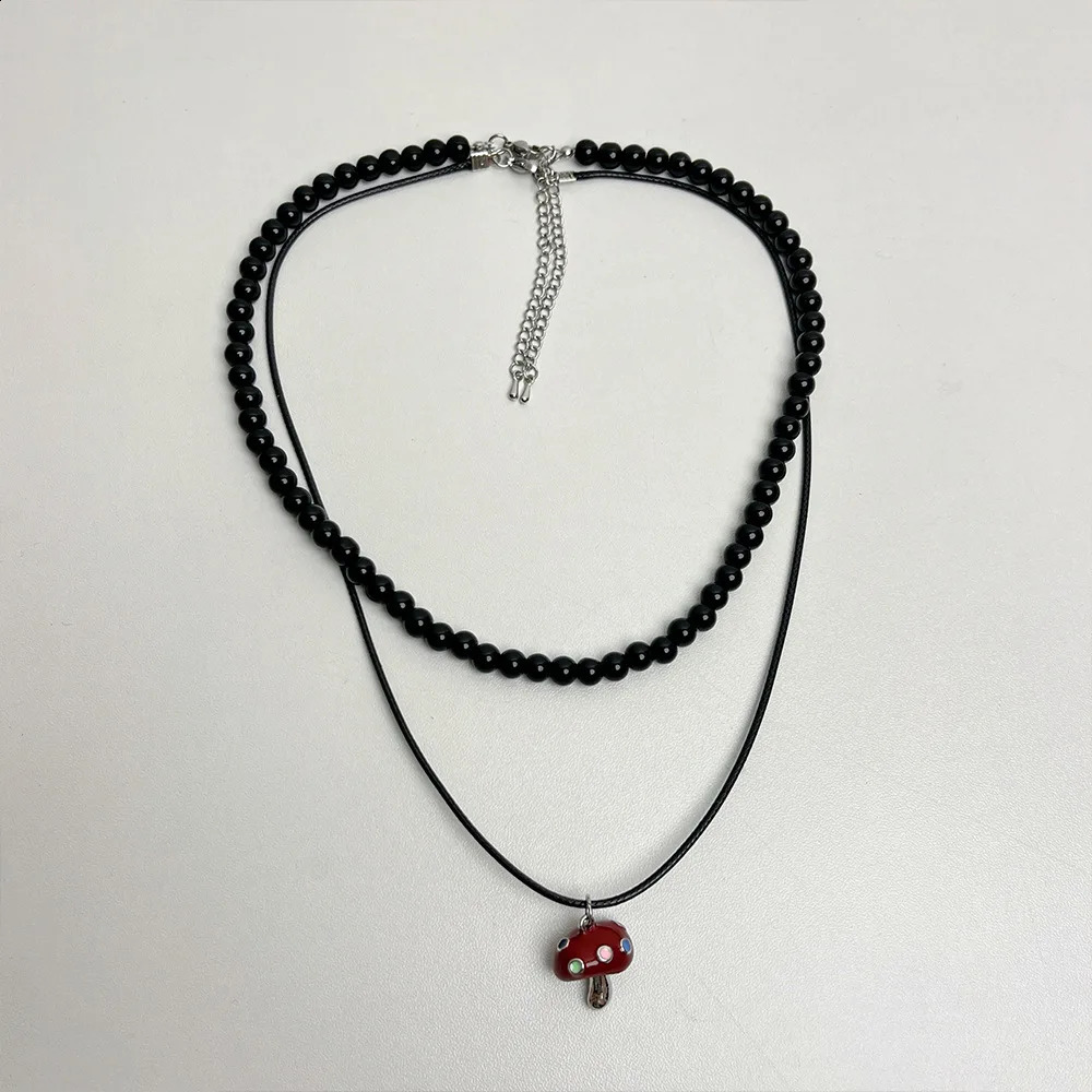 Double layer mushroom pendant bead necklace 241220