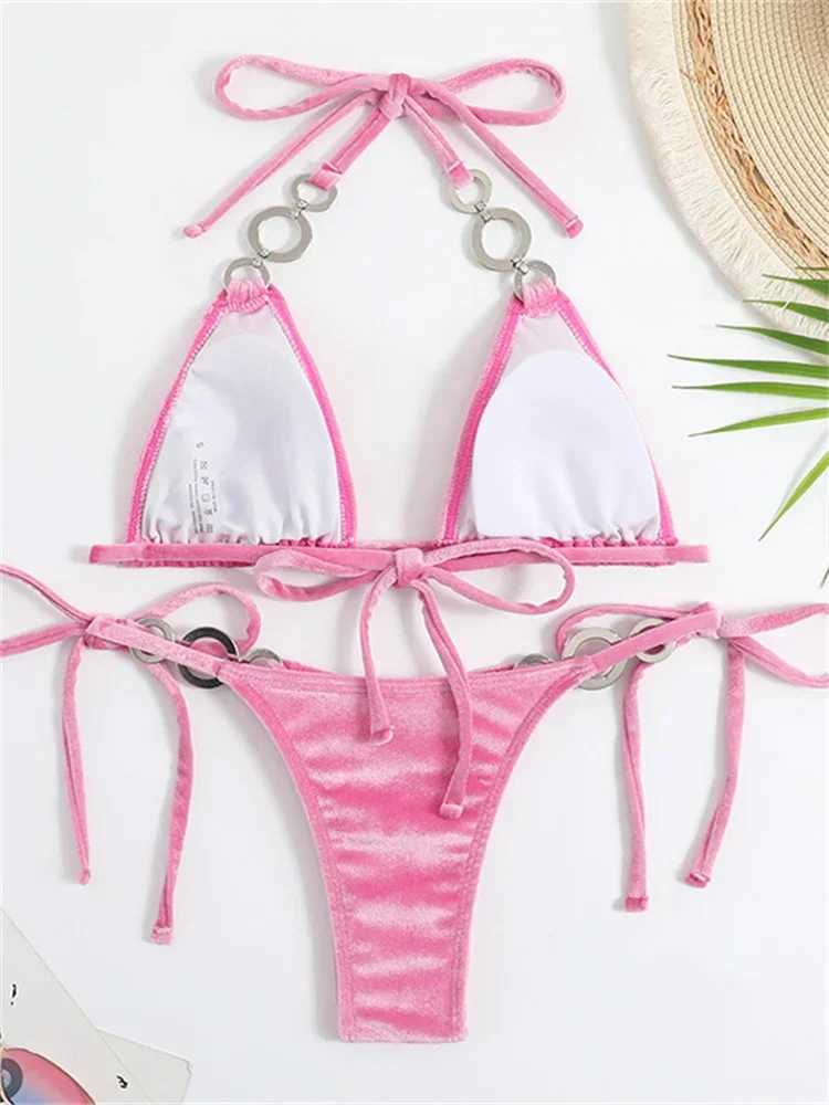 Sexy Triangle Bikinis Set Women 2024 Solid Pink Criss Cross Velvet Swimsuit Luxury Rhinestone Bathing Suit Metal Swimwear Y2KXJ241223