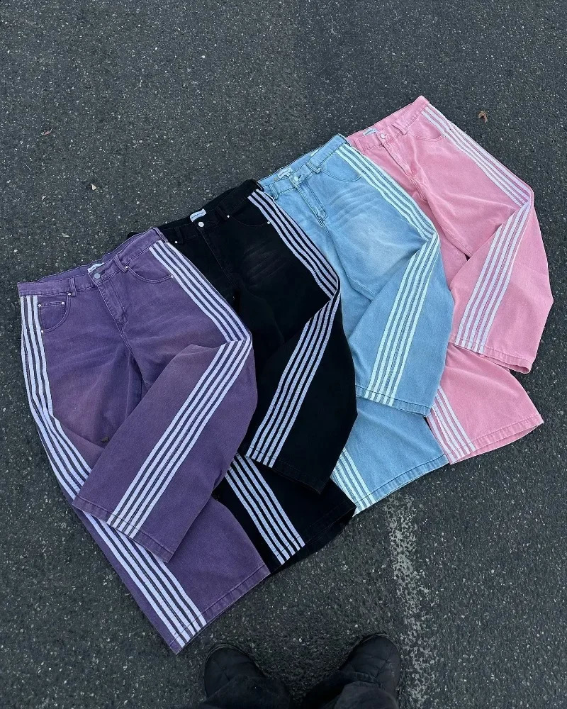 Y2k high-waisted jeans Women Harajuku Trend striped straight leg jeans Hip Hop retro streetwear couple baggy wide-leg pants 241223