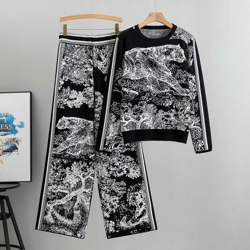 Elegant 2 Pieces Set Knitted Animal Print Sets Women O Neck Sleeve Knitwear+Wide Leg Long Pants Casual Fashion Spring 2023