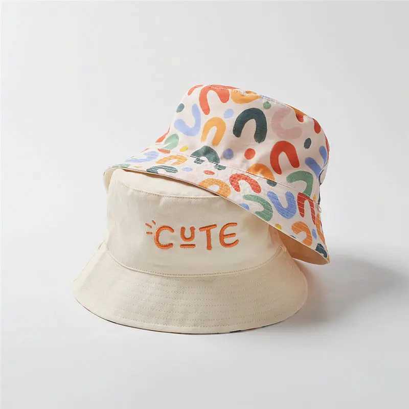 Caps Hats Double sided baby bucket hat with cute embroidered letters for children boys and girls fishermans spring summer outdoor childrens sun H24122
