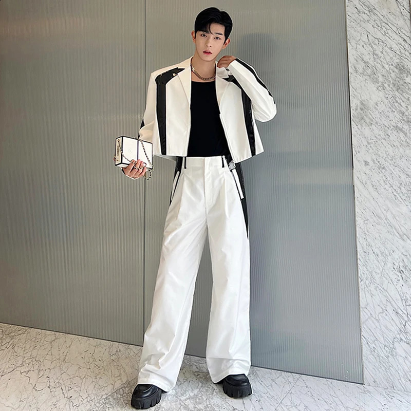 LUZHEN Korean Sets Niche Male Blazers Pu Leather Spliced Suit Coat Wide Leg Suit Pants Two Piece Mens Wear E92e01 241223
