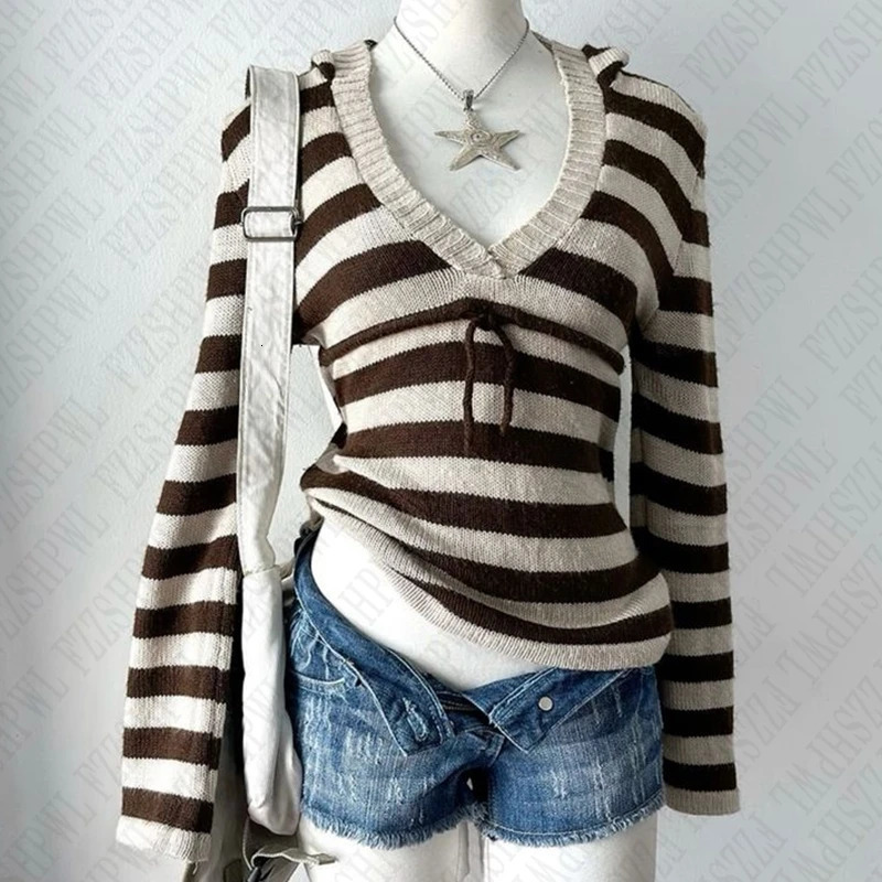 American retro Y2K womens casual knitted sweater sexy ultrathin chic fashion aesthetic Pullover Harajuku expression girl street clothing 241211