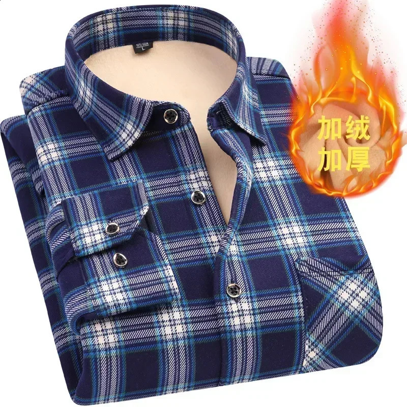 Autumn Winter Warm Plaid Shirts For Men Thick Velvet Long Sleeve Shirt Tops Slim Casual Business Male Jacket Thick Warm Outwear 241223