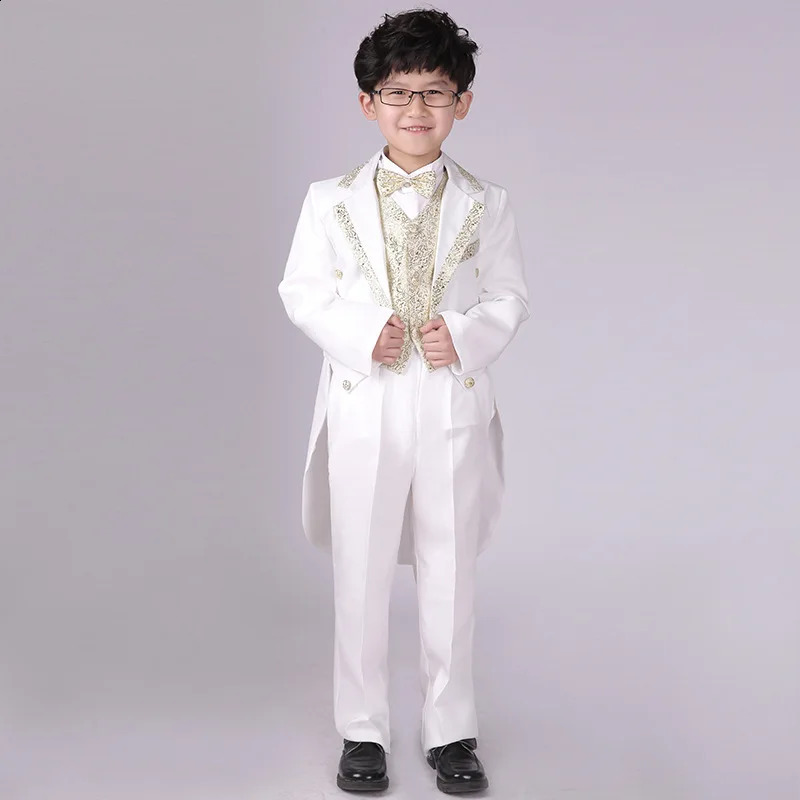 England Style Tuxedo Suits Boys Clothes Set Kids Formal Wedding Blazer Swallow-tailed Coat Kids Party Bow Tie Clothing 5PCS/Set 241223