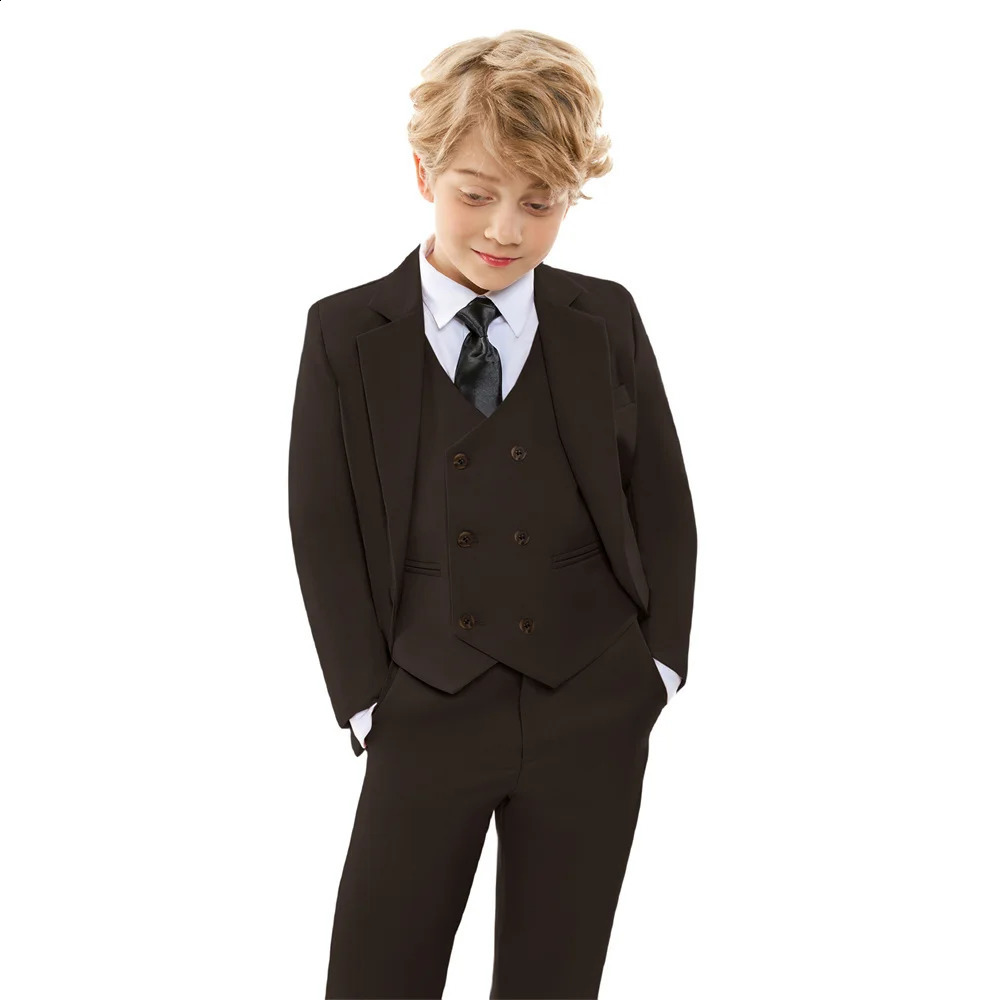 Boys Brown Suit Set Spring Autumn Children Host Performance Wedding Birthday Party Costume Kids Blazer Pants Bowtie Clothes 241223
