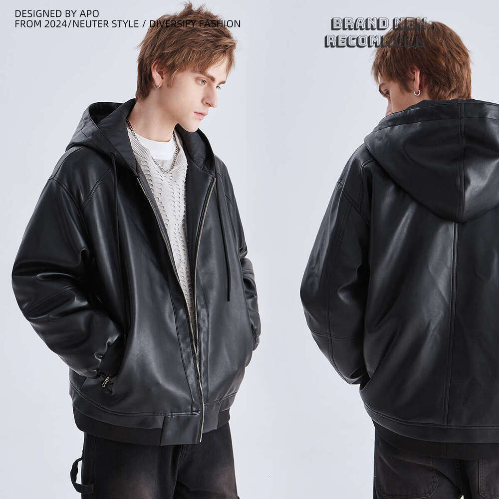 Wear Hooded Cotton Jacket Winter High End Trendy Thickened Warm Loose Zipper Leather Men's Coat