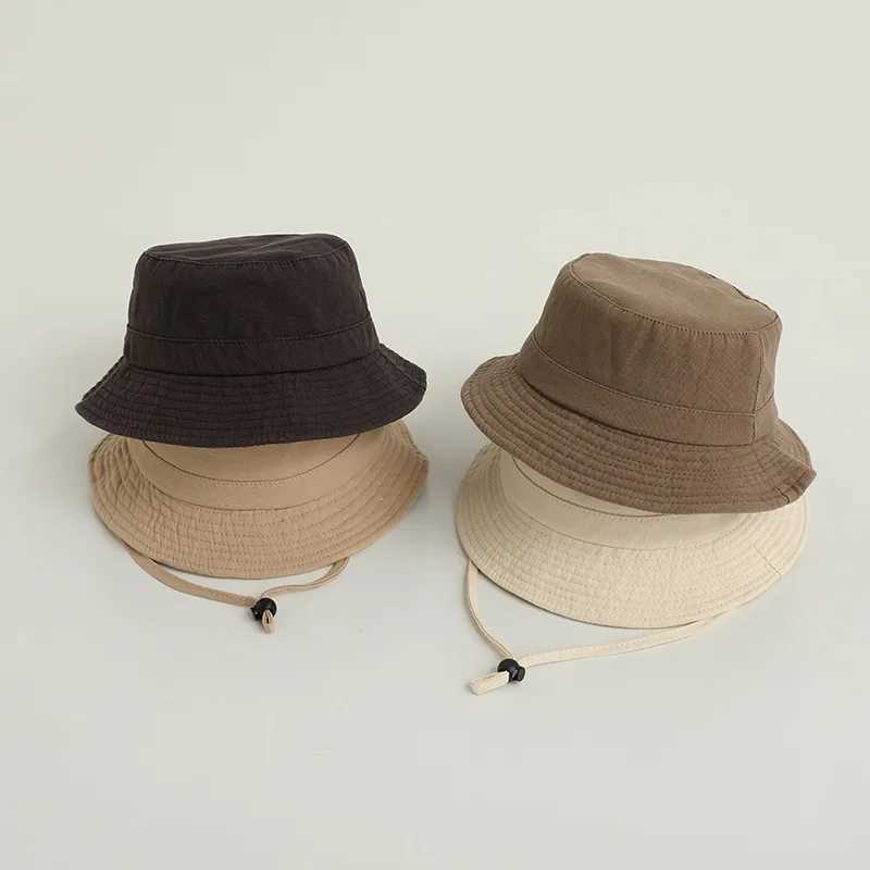 Caps Hats Solid color baby bucket hat summer wide brown childrens fisherman hat adjustable cotton childrens boys and girls Panama sun hat H241223